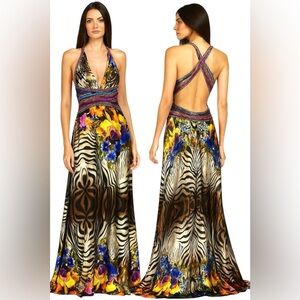 Cache Dress Garden Party Gown Prom Formal Floral Maxi Multicolor Halter medium